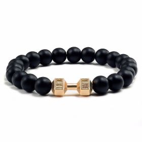 Natural Volcanic Stone Beads Bracelets Black Lava Men Women Bracelet Aromatherapy Essential Oil Diffuser Bangle (Color: Black Matte Gold Dumbbell)