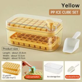 One-button Press Type Ice Mold Box Plastics Ice Cube Maker Ice Tray Mold With Storage Box With Lid Bar Kitchen Accessories (Color: Yellow)